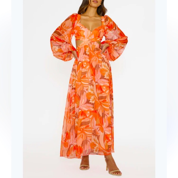 Elegant Orange Floral Midi Dress - Picture 2 of 16